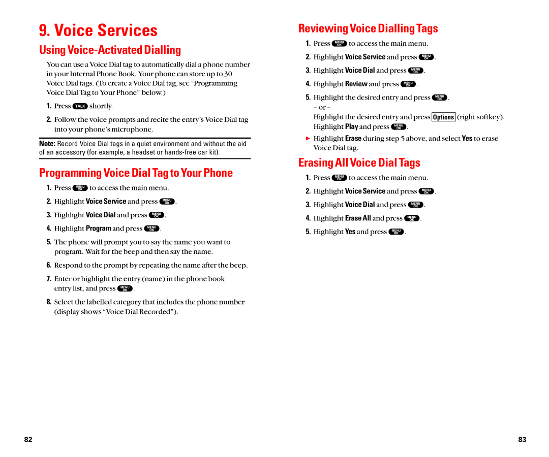 Sanyo SCP-8100 manual Voice Services, Programming Voice Dial Tag to Your Phone, Erasing All Voice Dial Tags 