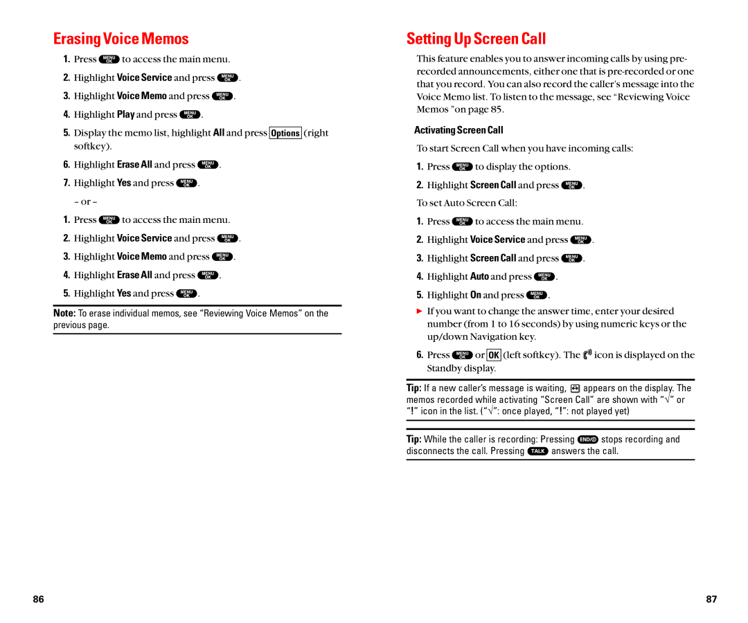 Sanyo SCP-8100 manual Erasing Voice Memos Setting Up Screen Call, Activating Screen Call 