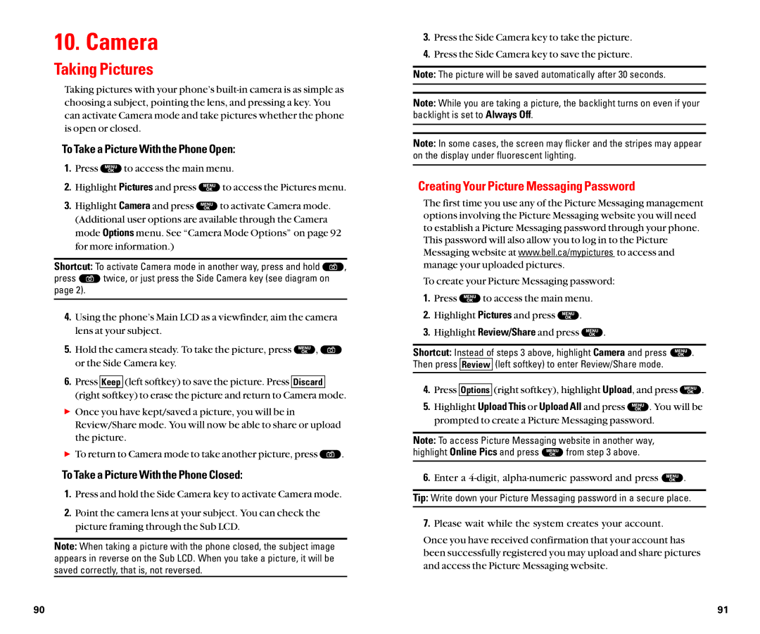 Sanyo SCP-8100 manual Camera, Taking Pictures, Creating Your Picture Messaging Password 