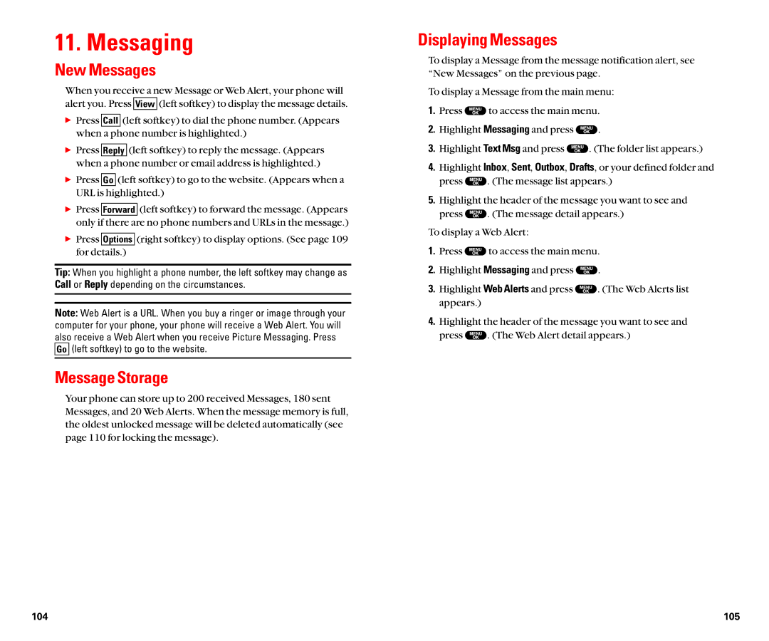 Sanyo SCP-8100 manual Messaging, New Messages, Message Storage, Displaying Messages 