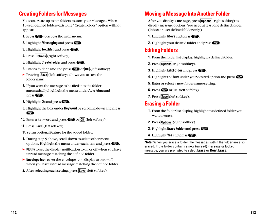 Sanyo SCP-8100 Creating Folders for Messages, Moving a Message Into Another Folder, Editing Folders, Erasing a Folder 
