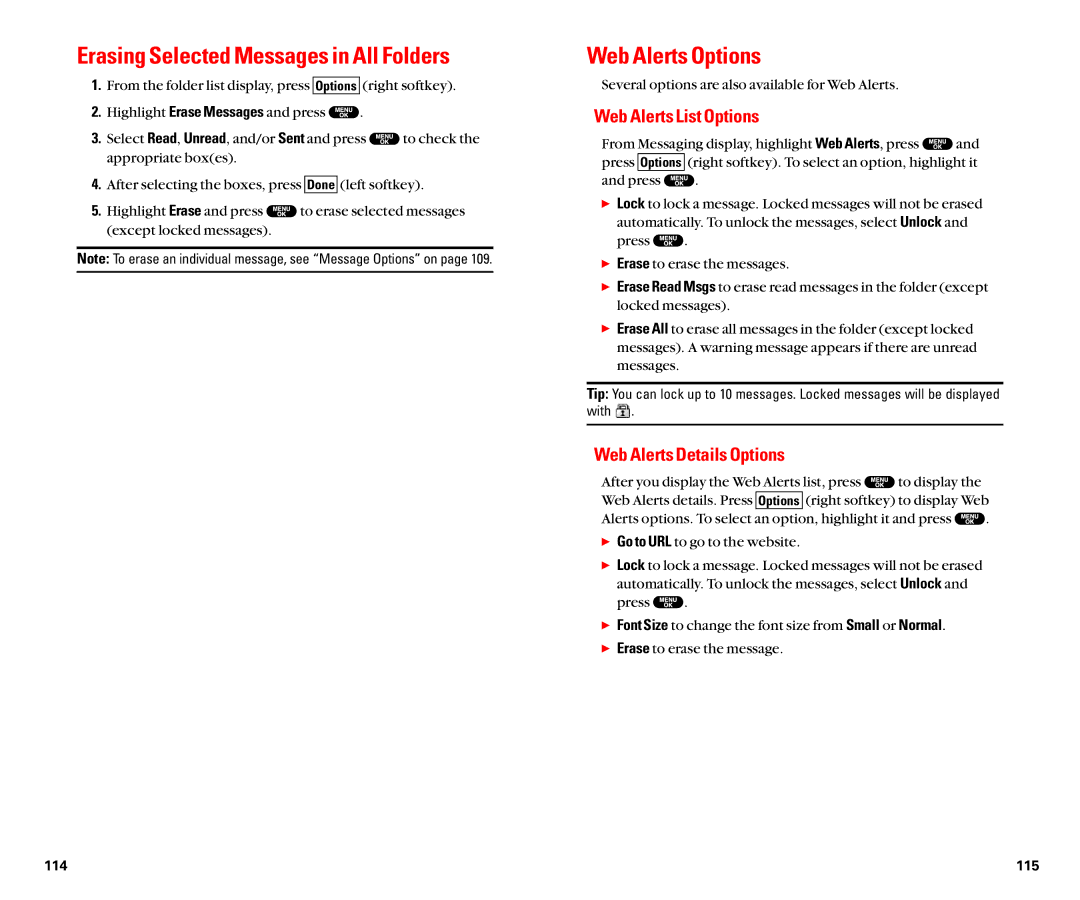 Sanyo SCP-8100 manual Erasing Selected Messages in All Folders, Web Alerts Options, Web Alerts List Options 