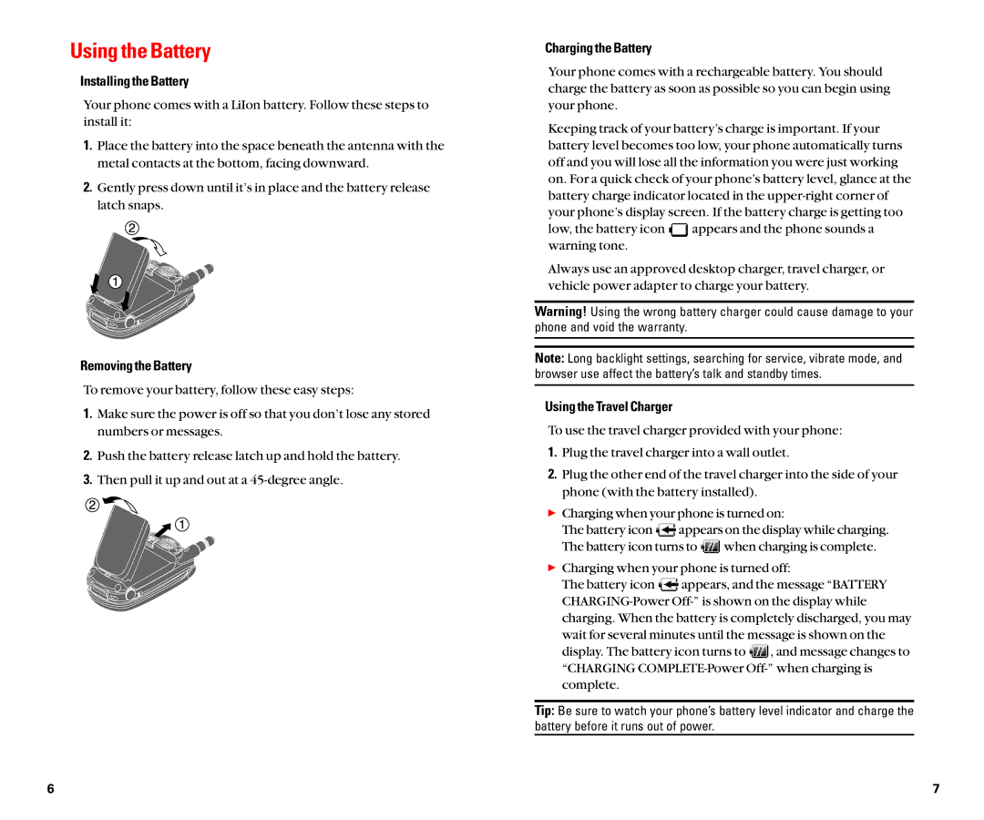 Sanyo SCP-8100 manual Using the Battery, Installingthe Battery, Removingthe Battery, Chargingthe Battery 