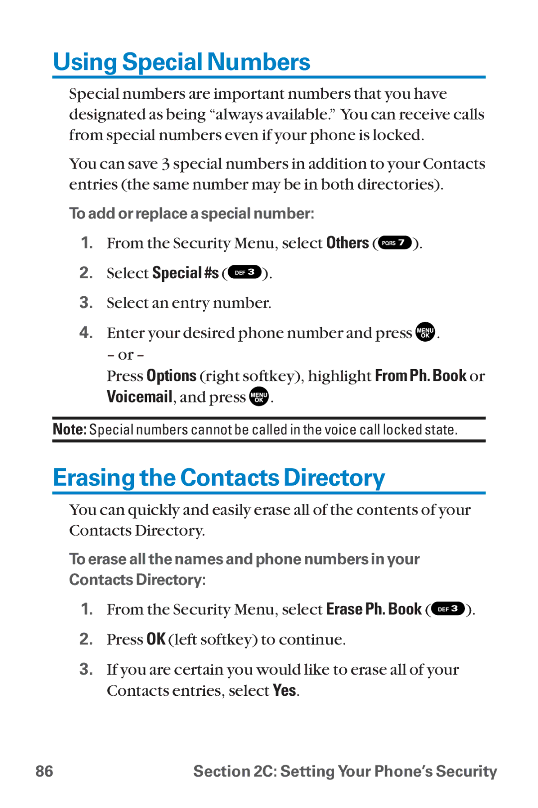 Sanyo SCP-8300 warranty Using Special Numbers, Erasing the Contacts Directory 