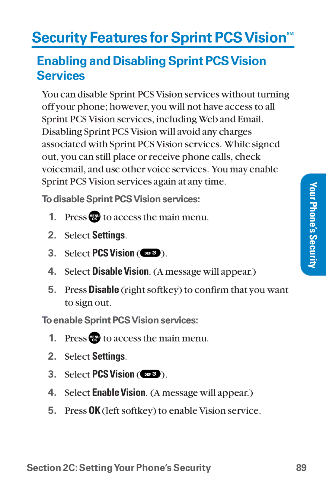 Sanyo SCP-8300 warranty Security Features for Sprint PCSVisionSM, Enabling and Disabling Sprint PCSVision Services 