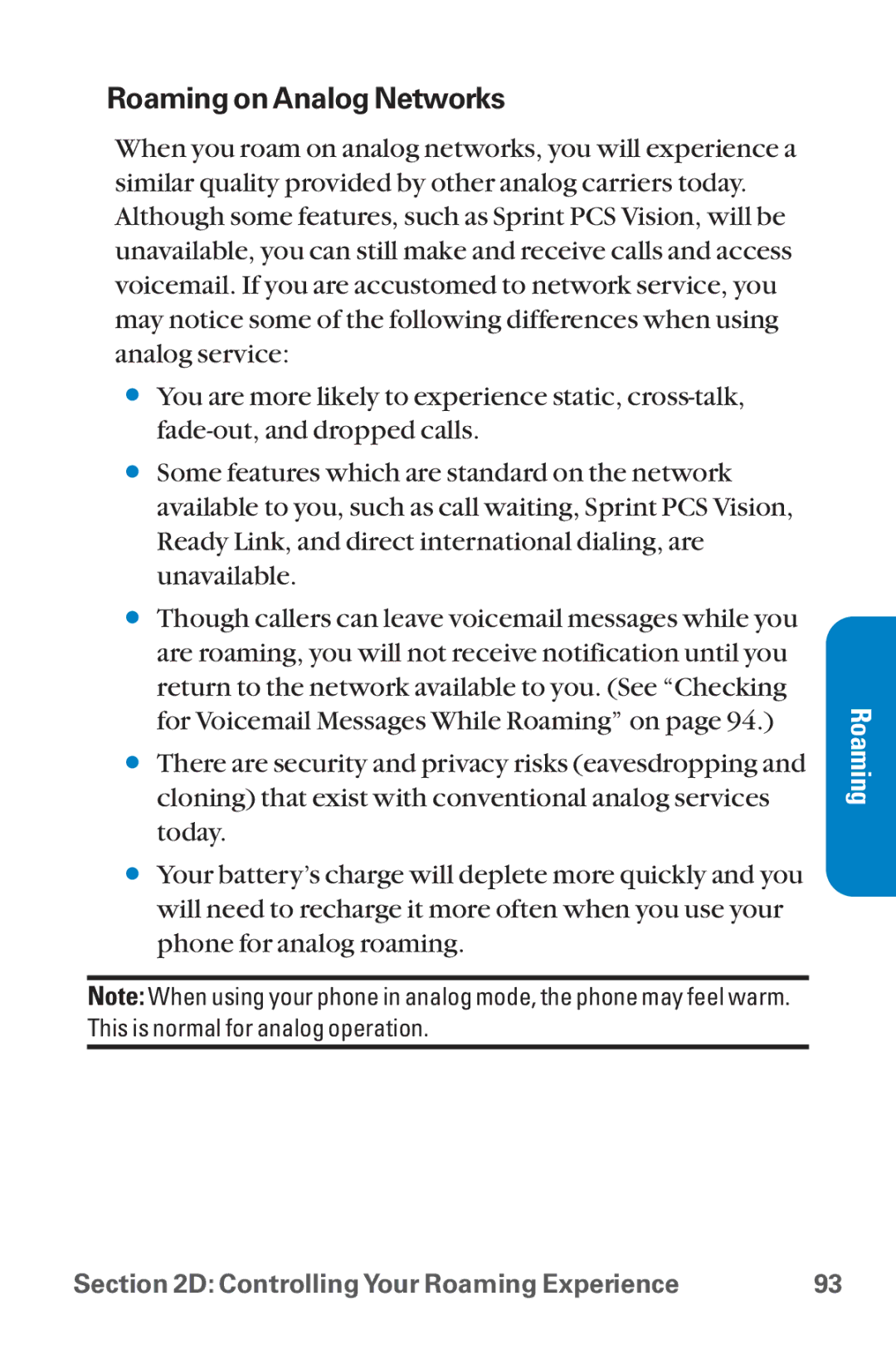 Sanyo SCP-8300 warranty Roaming on Analog Networks 