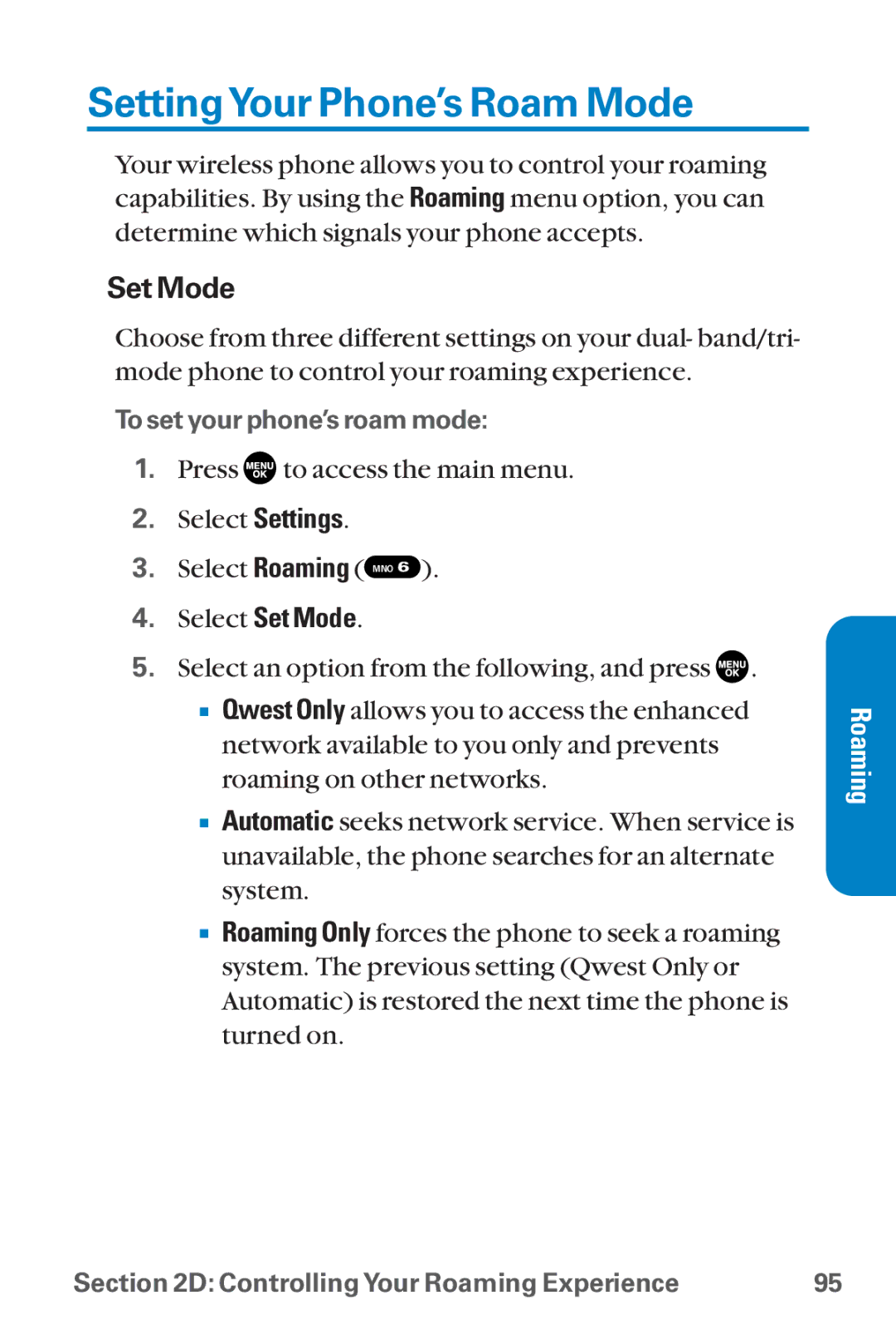 Sanyo SCP-8300 warranty SettingYour Phone’s Roam Mode, Set Mode 