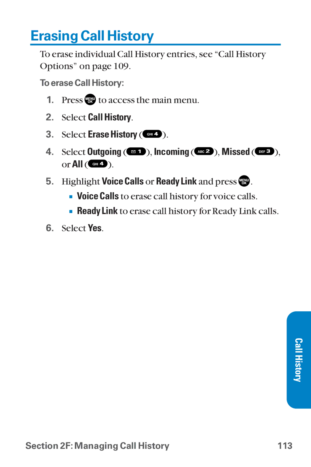 Sanyo SCP-8300 warranty Erasing Call History, Select Call History Select Erase History GHI 