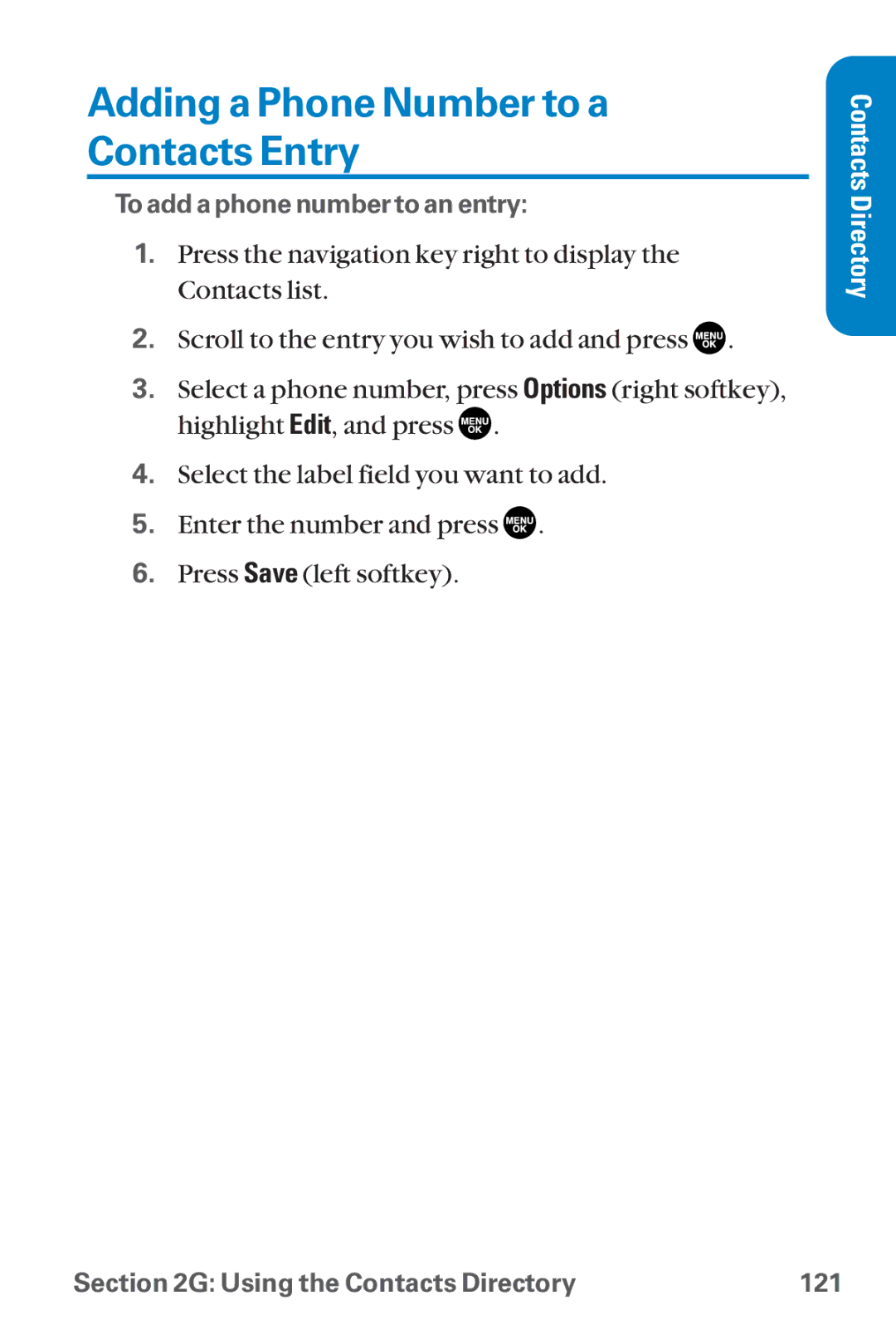 Sanyo SCP-8300 warranty Adding a Phone Number to a Contacts Entry 