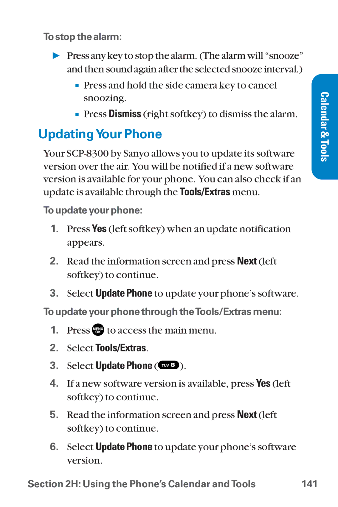 Sanyo SCP-8300 warranty UpdatingYour Phone, Select Tools/Extras Select Update Phone TUV 