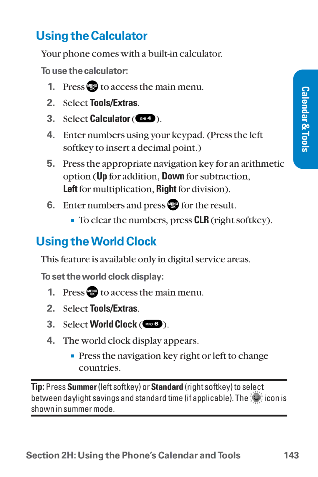 Sanyo SCP-8300 warranty Using the Calculator, Using the World Clock 