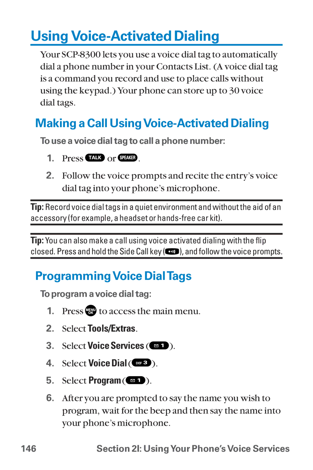 Sanyo SCP-8300 Using Voice-Activated Dialing, Making a Call UsingVoice-Activated Dialing, ProgrammingVoice DialTags 