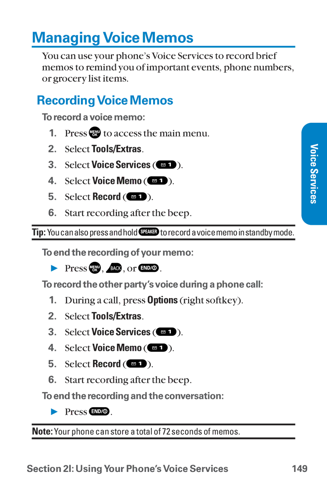 Sanyo SCP-8300 Managing Voice Memos, RecordingVoice Memos, Select Tools/Extras Select Voice Services Select Voice Memo 