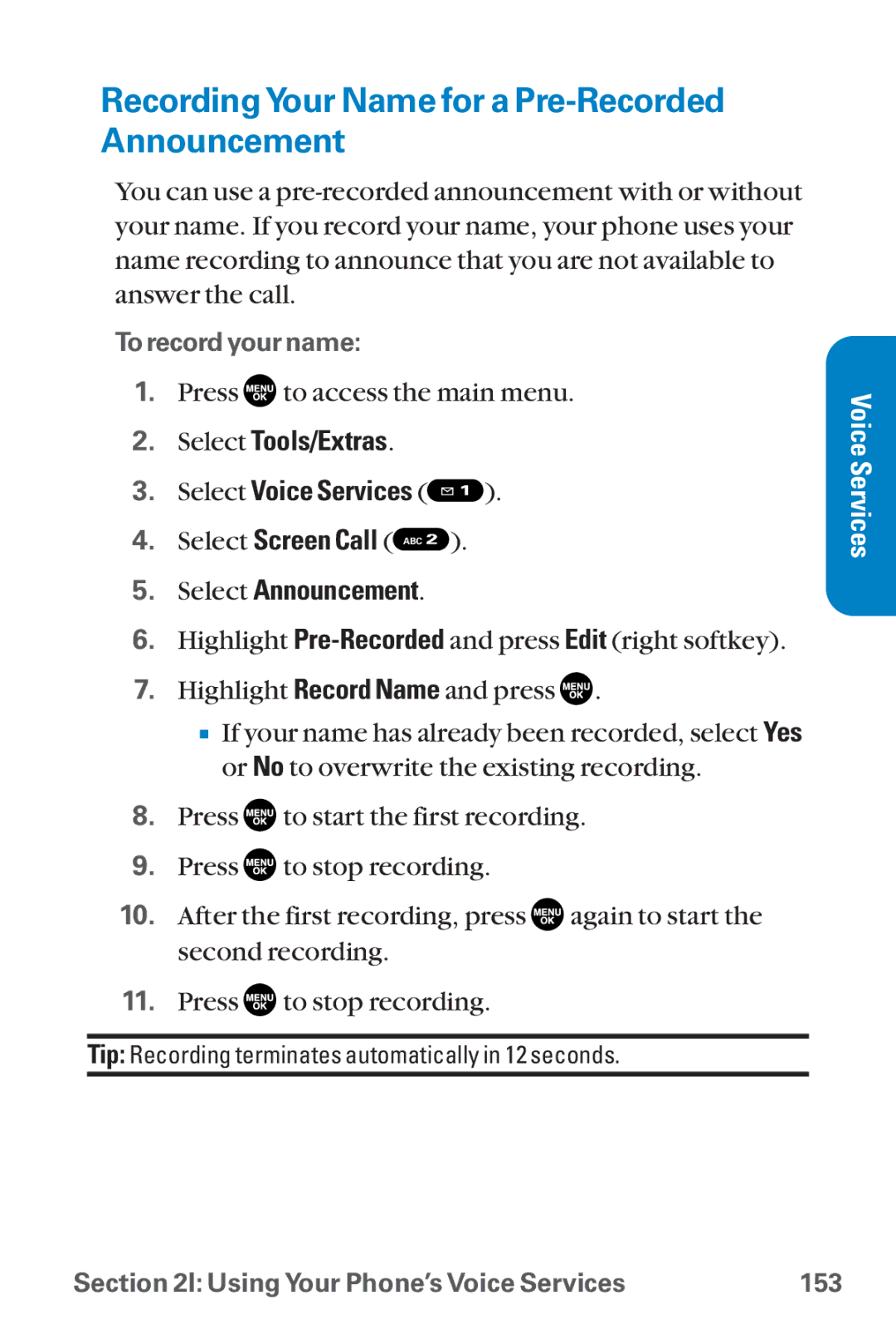 Sanyo SCP-8300 warranty RecordingYour Name for a Pre-Recorded Announcement 