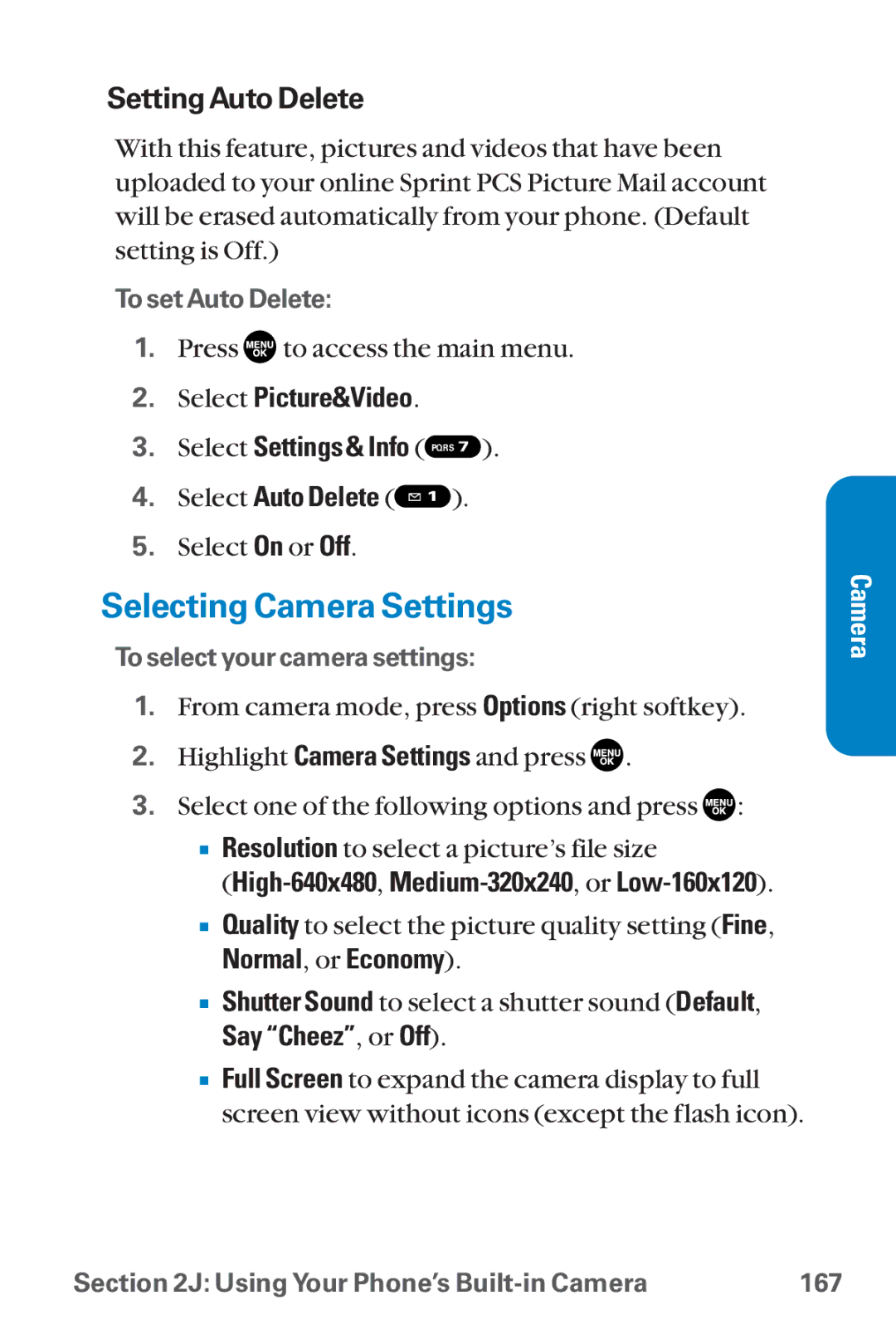 Sanyo SCP-8300 warranty Selecting Camera Settings, Setting Auto Delete, Normal, or Economy, Say Cheez, or Off 