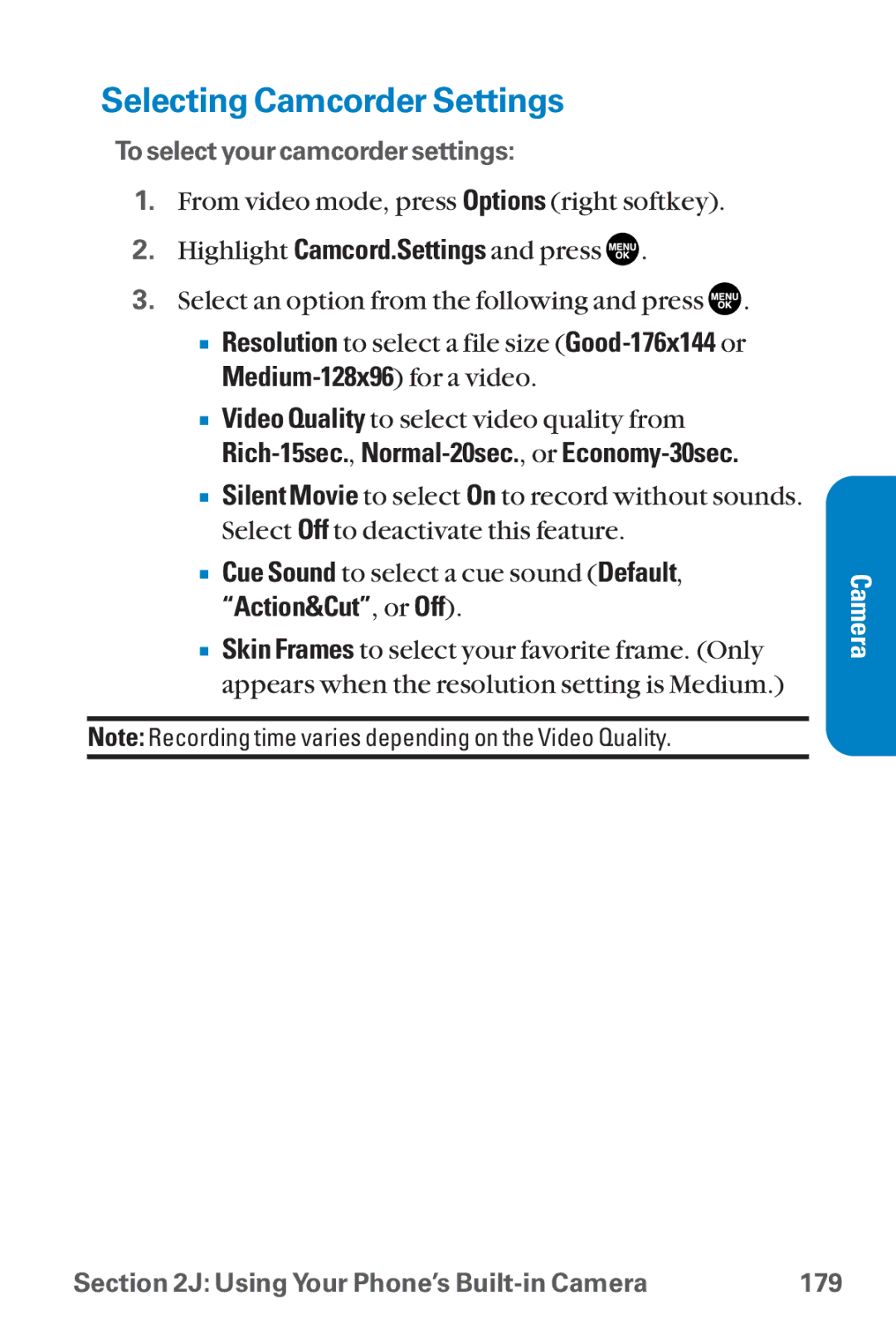 Sanyo SCP-8300 warranty Selecting Camcorder Settings, Rich-15sec.,Normal-20sec., or Economy-30sec, Action&Cut, or Off 