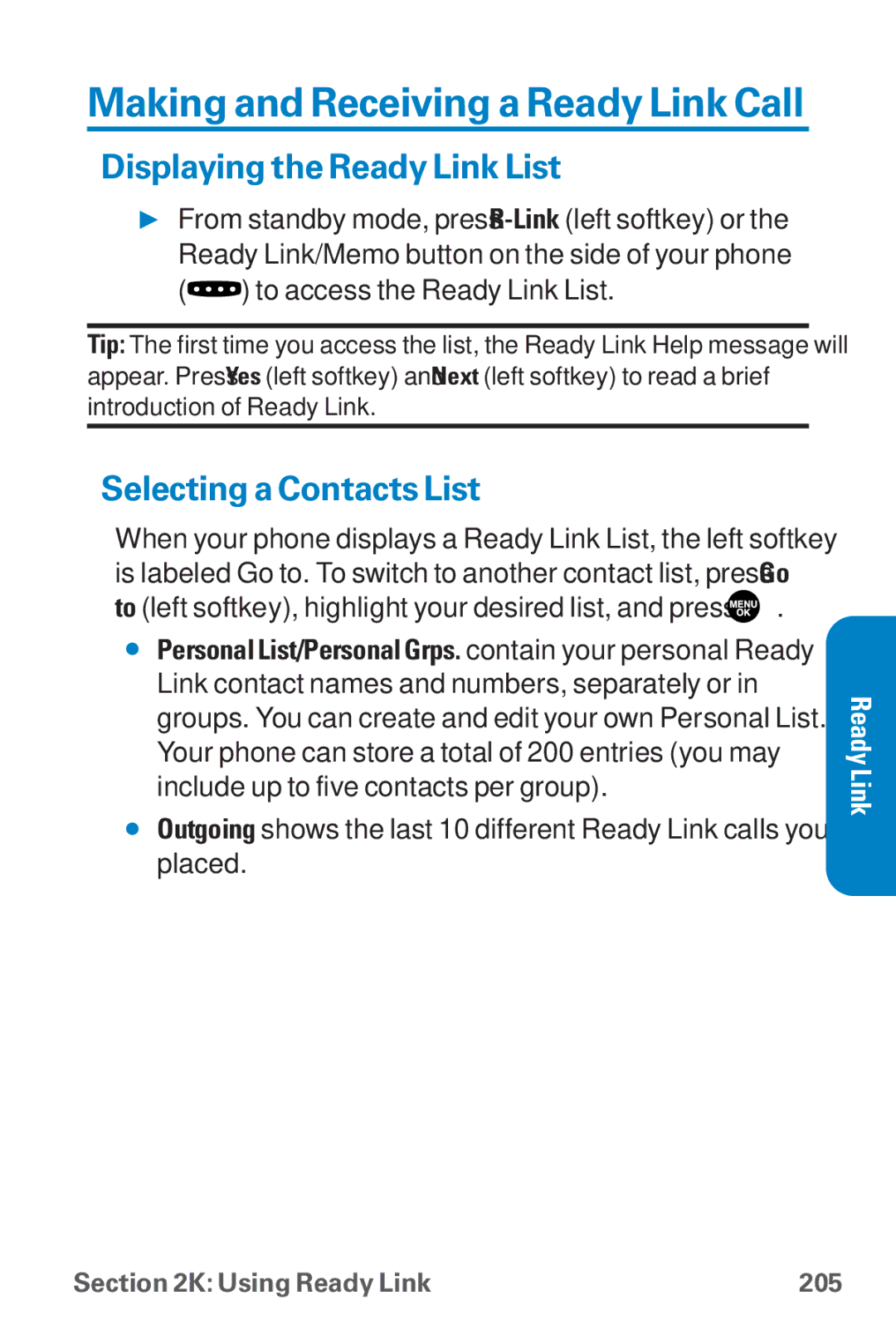 Sanyo SCP-8300 warranty Making and Receiving a Ready Link Call, Displaying the Ready Link List, Selecting a Contacts List 