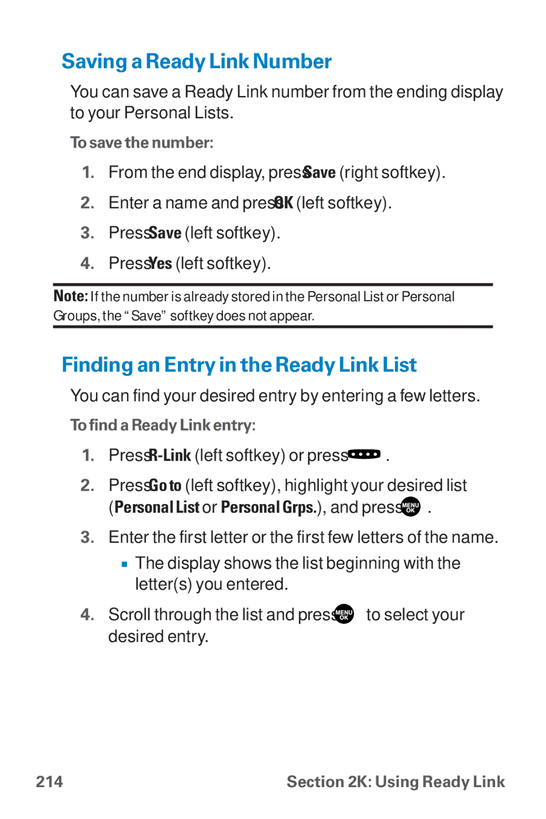 Sanyo SCP-8300 warranty Saving a Ready Link Number, Finding an Entry in the Ready Link List 