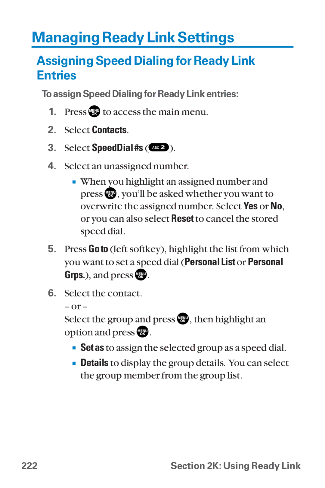 Sanyo SCP-8300 Managing Ready Link Settings, Assigning Speed Dialing for Ready Link Entries, Select SpeedDial #s ABC 