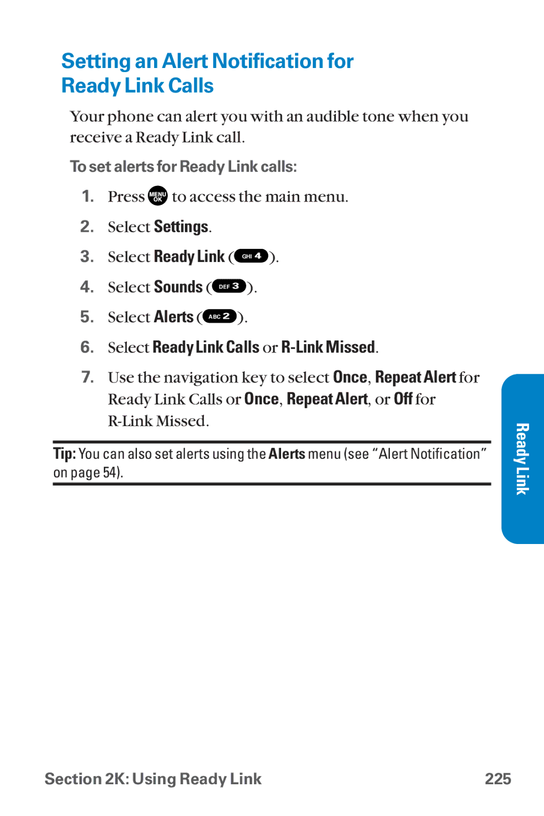 Sanyo SCP-8300 warranty Setting an Alert Notification for Ready Link Calls, Select Ready Link Calls or R-Link Missed 