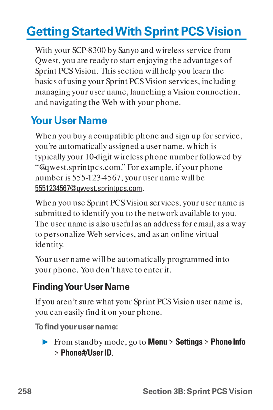 Sanyo SCP-8300 warranty Getting StartedWith Sprint PCSVision, FindingYour User Name, Phone#/User ID 