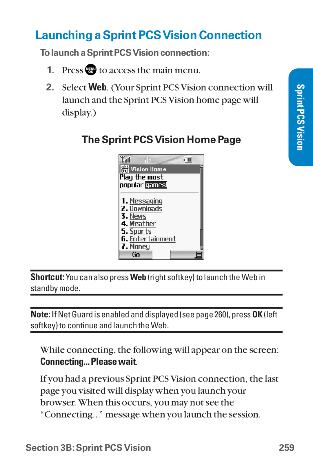 Sanyo SCP-8300 warranty Launching a Sprint PCSVision Connection, Sprint PCS Vision Home, Connecting... Please wait 