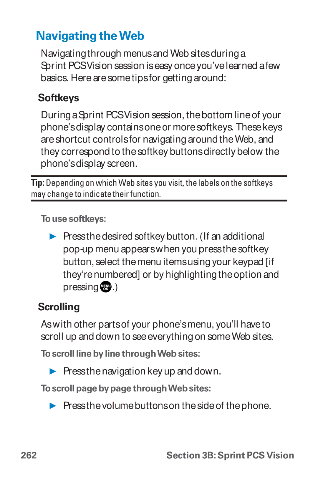 Sanyo SCP-8300 warranty Navigating the Web, Softkeys, Scrolling 