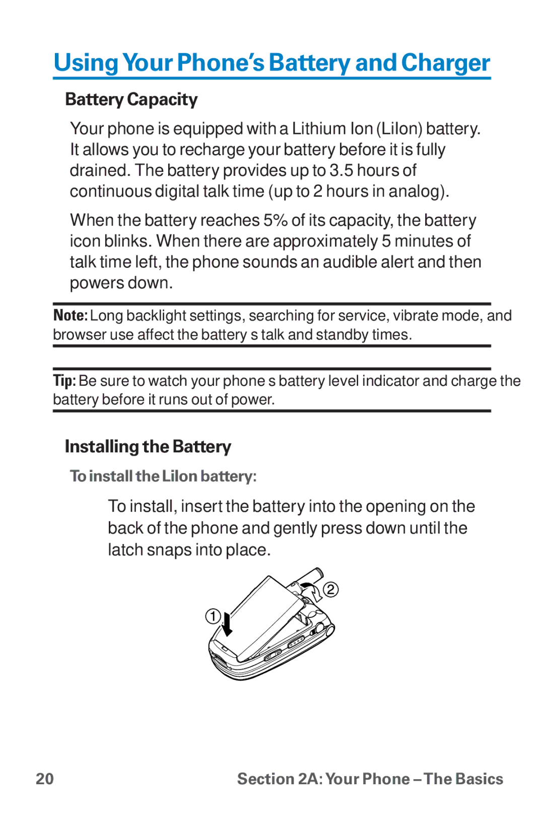 Sanyo SCP-8300 warranty UsingYour Phone’s Battery and Charger, Battery Capacity, Installing the Battery 