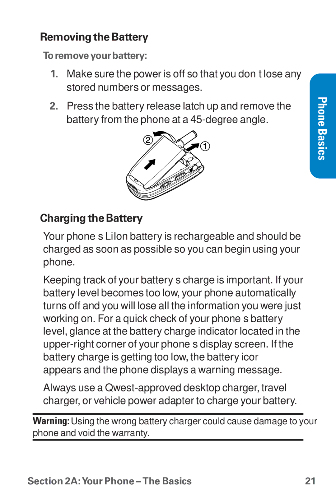 Sanyo SCP-8300 warranty Removing the Battery, Charging the Battery 