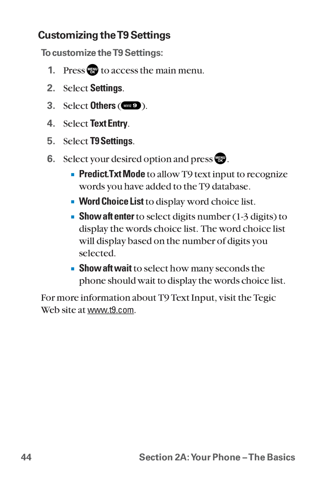 Sanyo SCP-8300 warranty Customizing theT9 Settings, Select Text Entry Select T9 Settings 