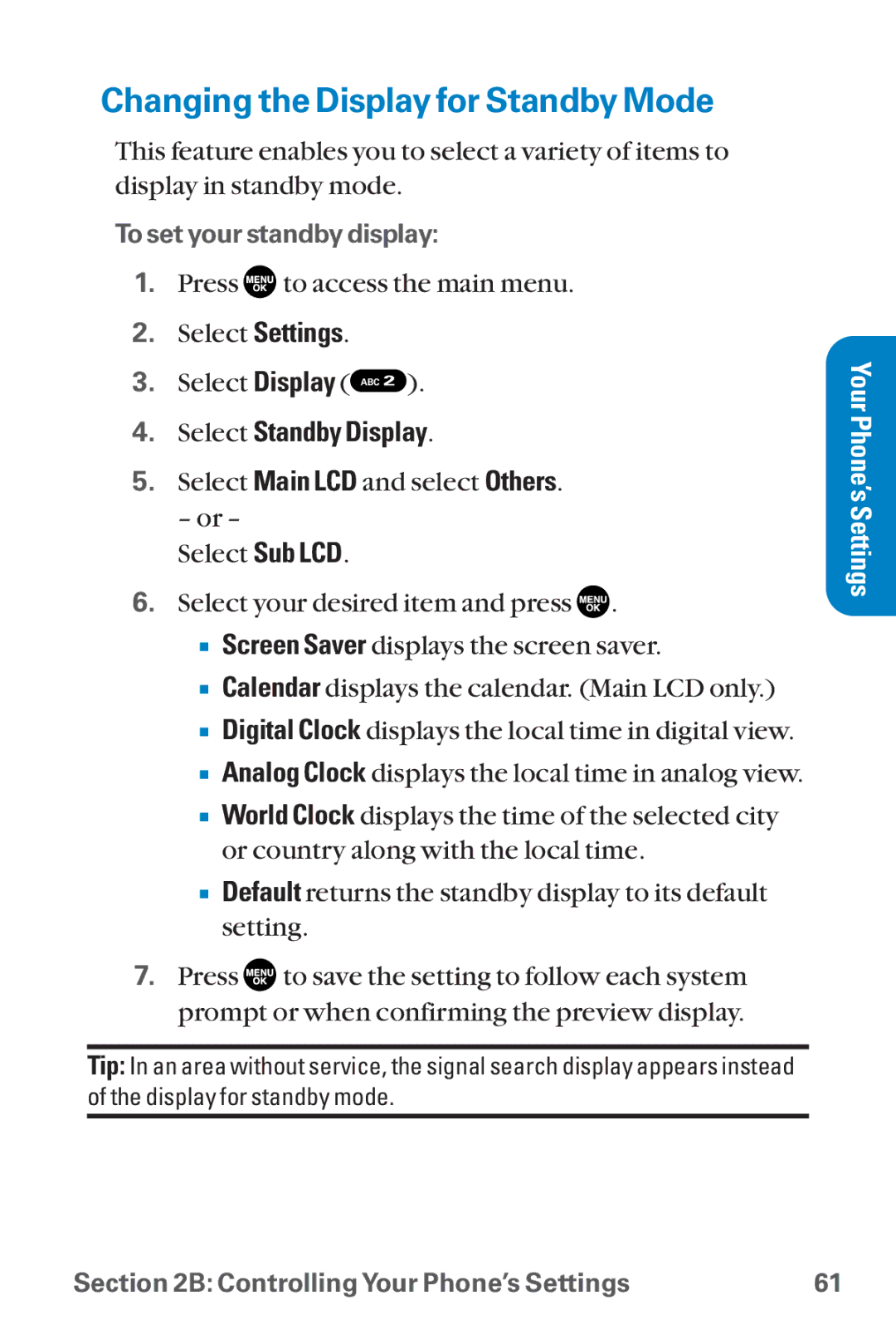 Sanyo SCP-8300 warranty Changing the Display for Standby Mode, Select Standby Display 