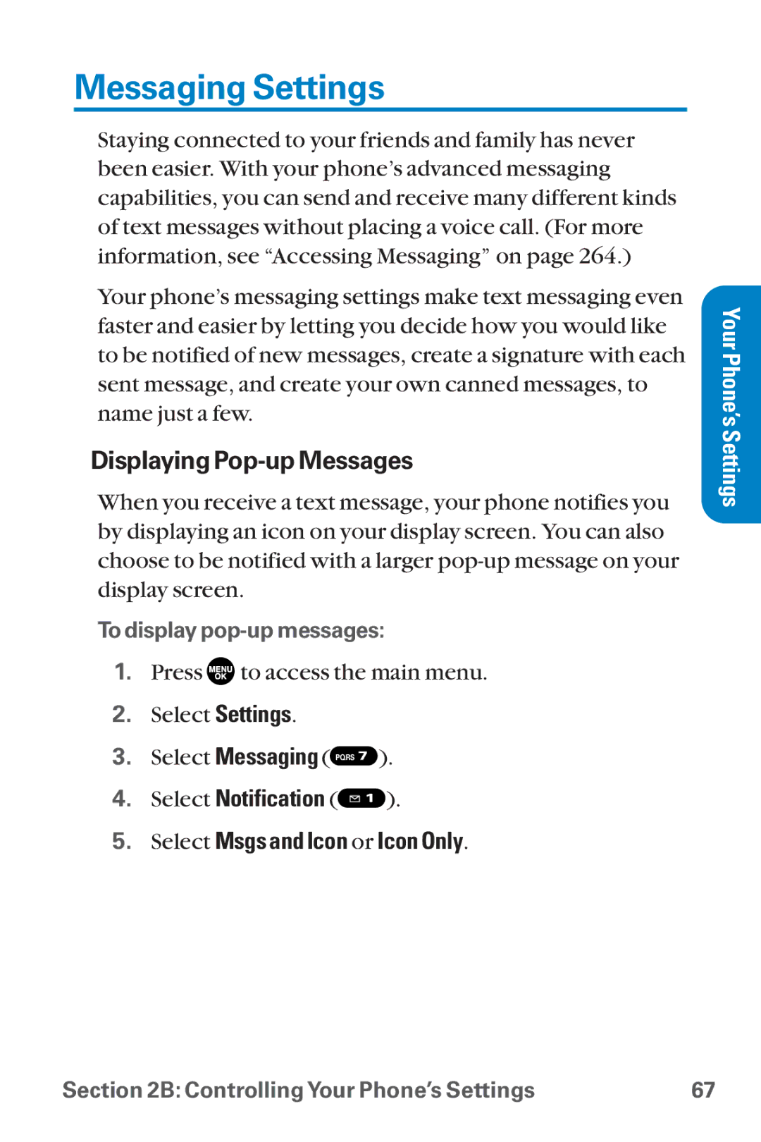 Sanyo SCP-8300 Messaging Settings, Displaying Pop-up Messages, Select Notification Select Msgs and Icon or Icon Only 