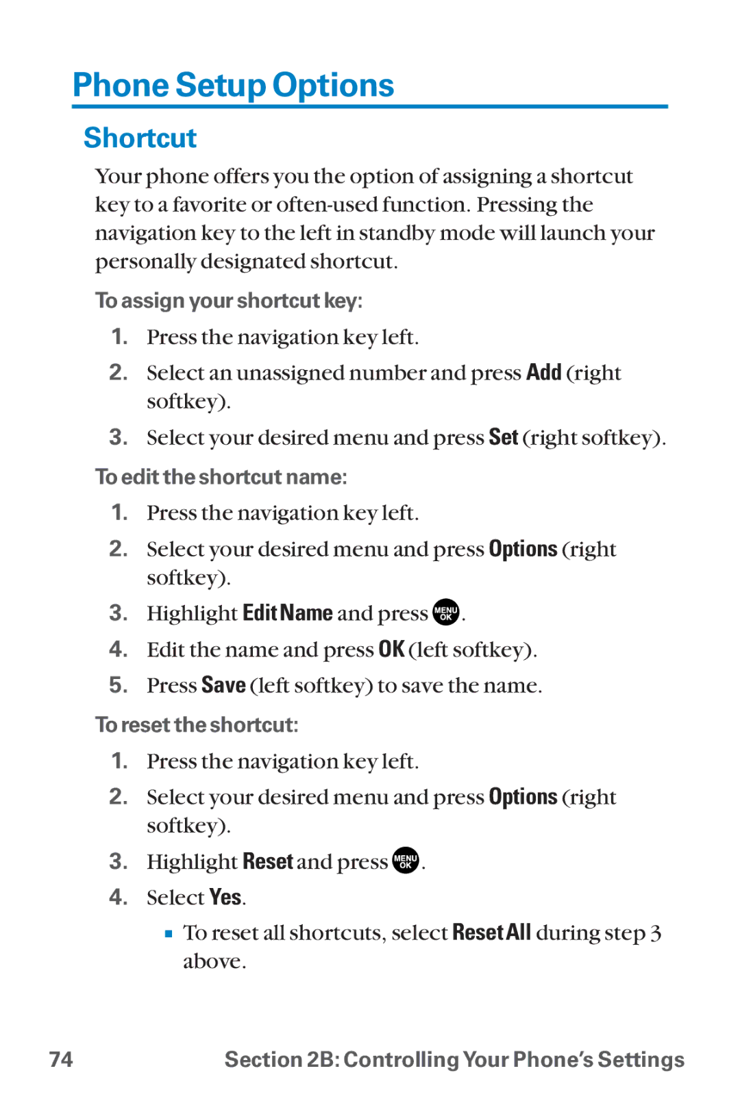 Sanyo SCP-8300 warranty Phone Setup Options, Shortcut 