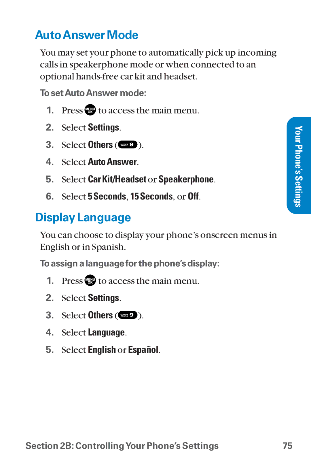 Sanyo SCP-8300 warranty Auto Answer Mode, Display Language, Select English or Español 