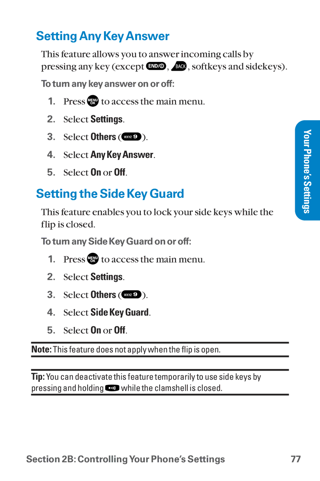 Sanyo SCP-8300 warranty Setting Any Key Answer, Setting the Side Key Guard, Select Any Key Answer, Select Side Key Guard 