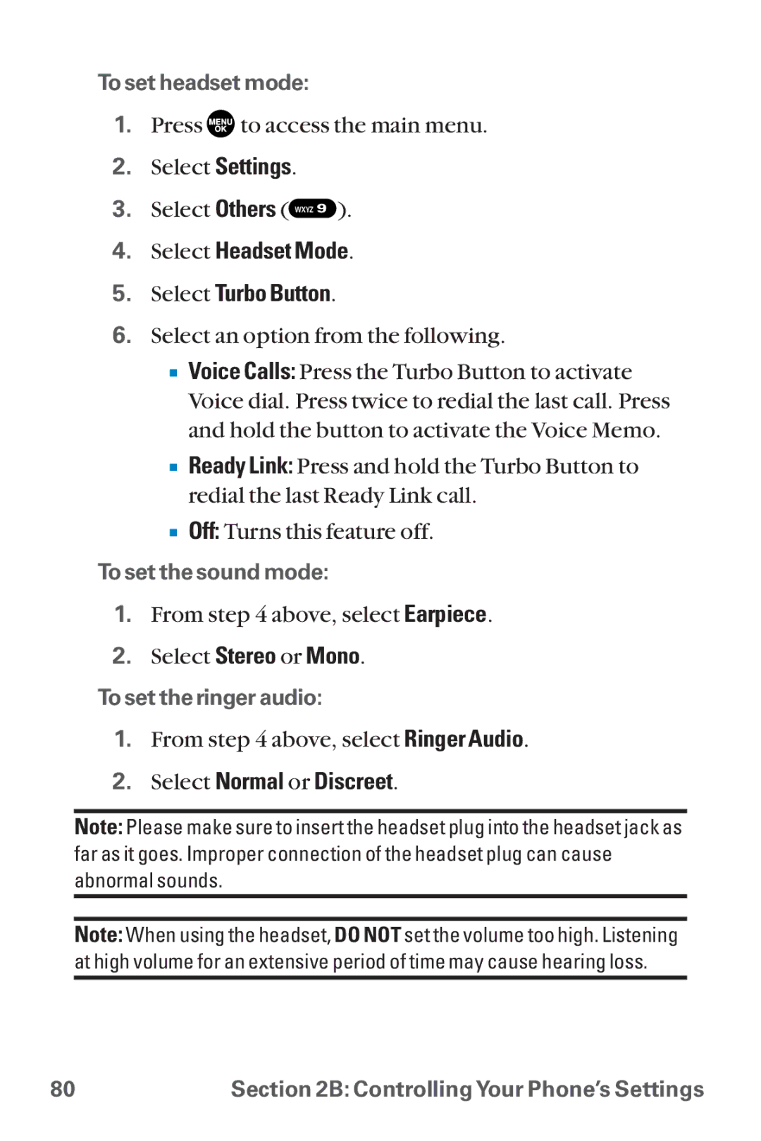 Sanyo SCP-8300 warranty Select Headset Mode Select Turbo Button, Select Normal or Discreet 