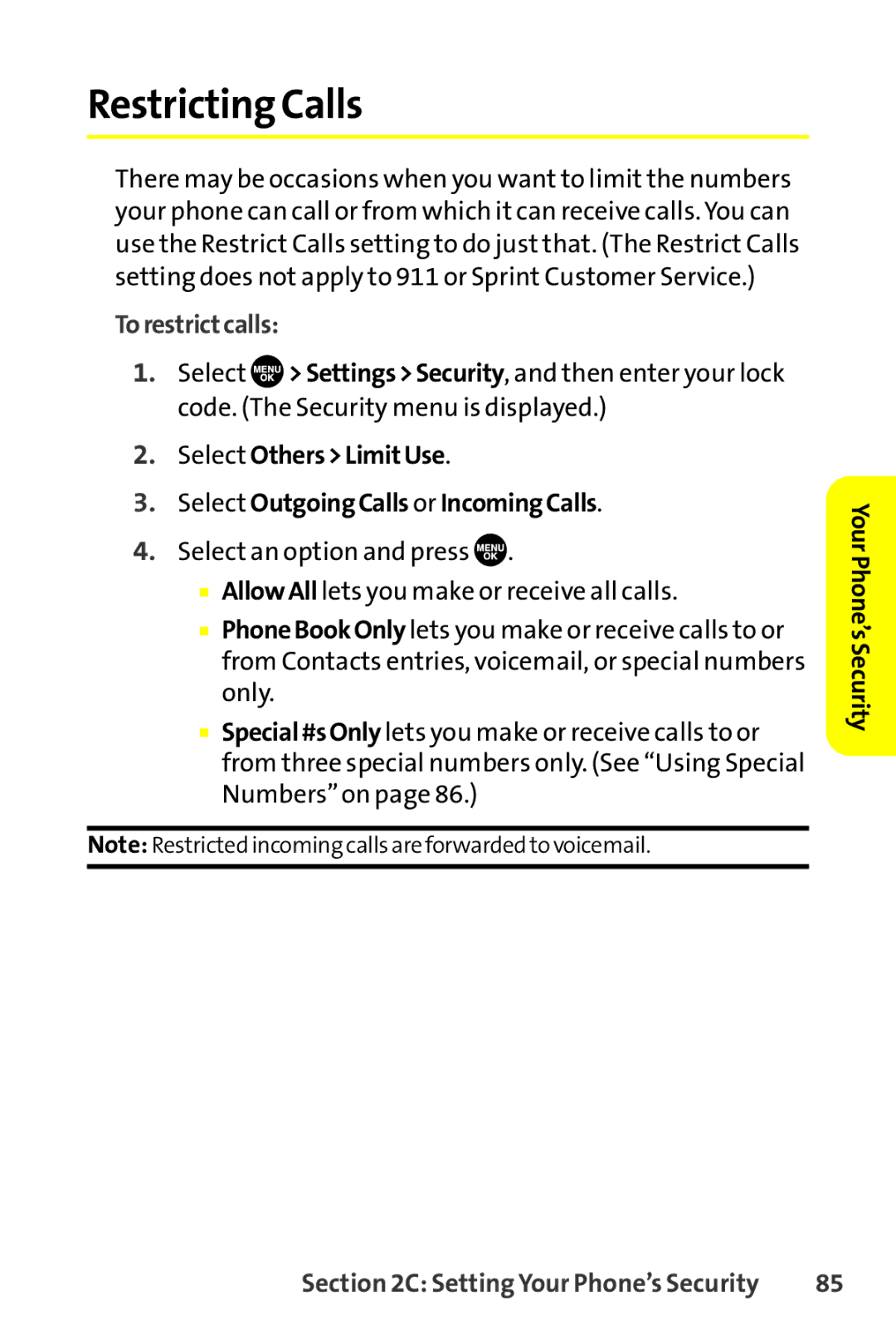 Sanyo SCP-8400 manual Restricting Calls, Torestrictcalls, Select OthersLimitUse Select OutgoingCalls or IncomingCalls 