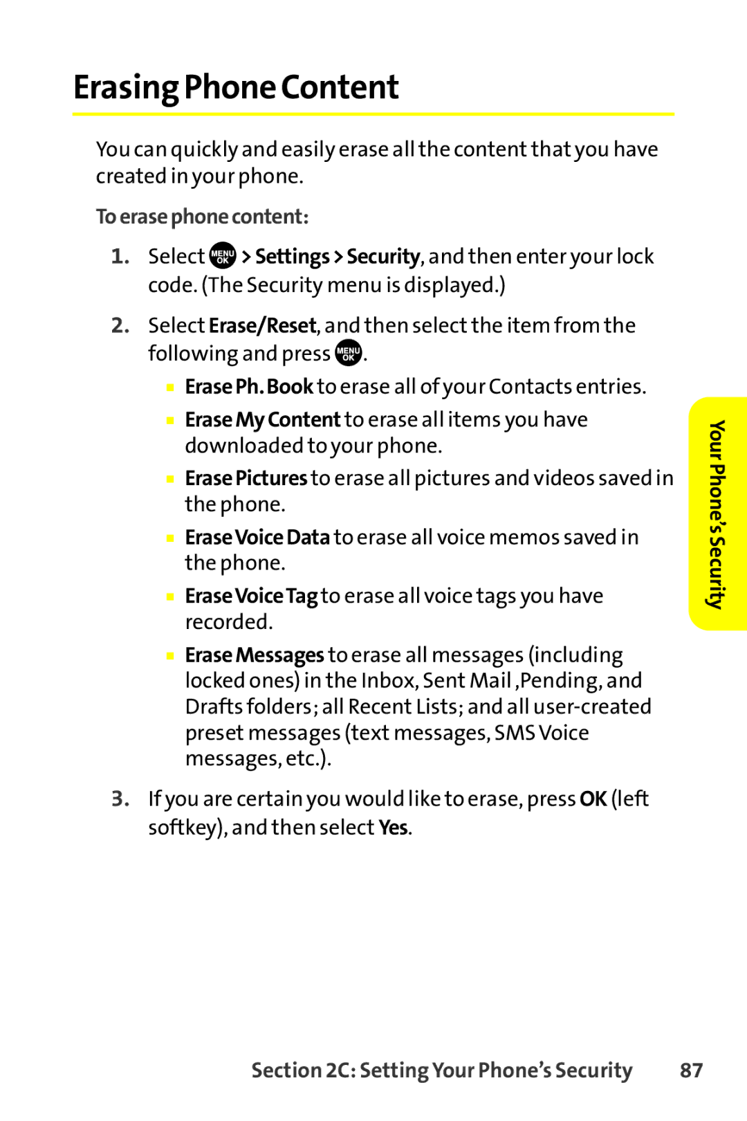 Sanyo SCP-8400 manual Erasing Phone Content, Toerasephonecontent 