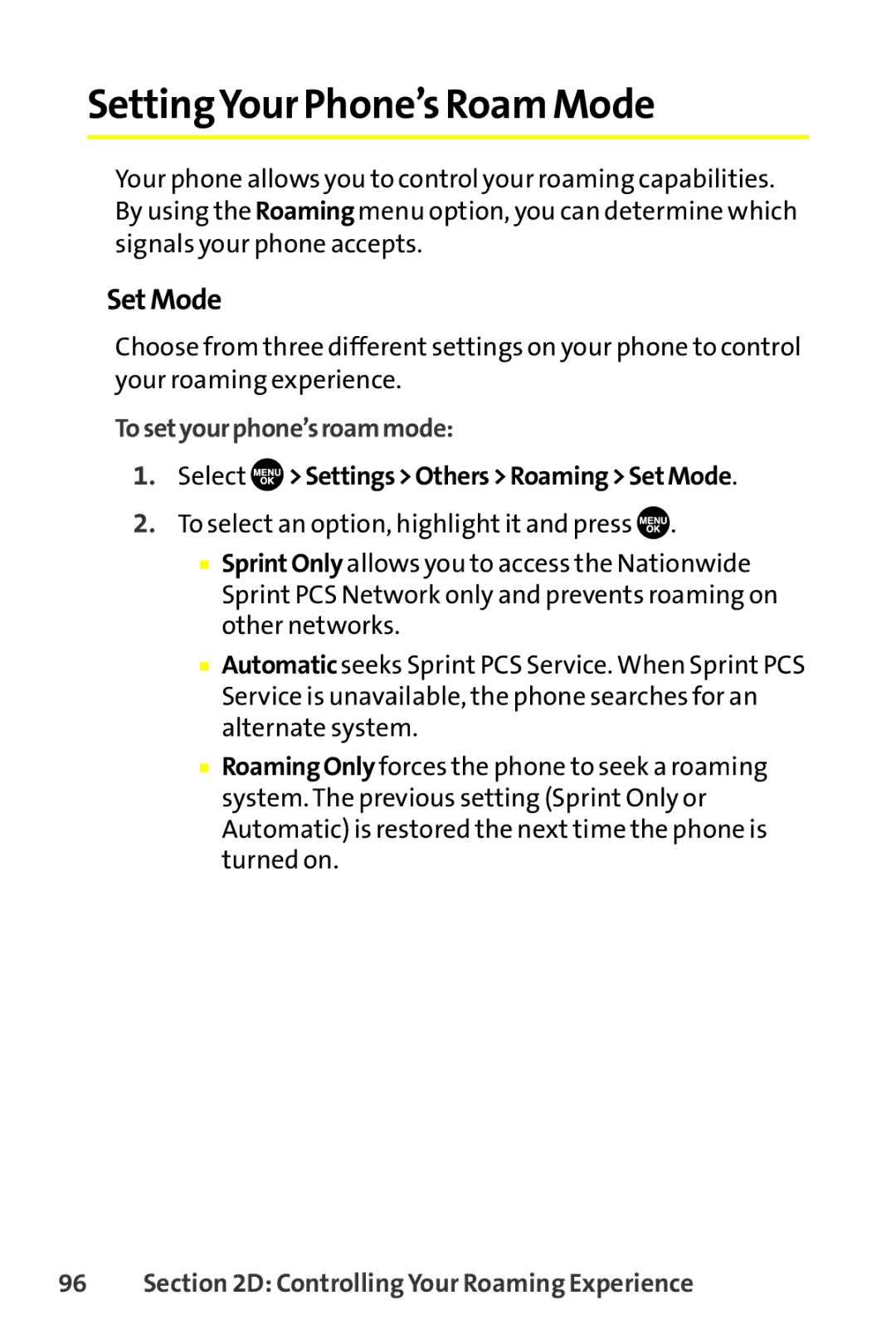 Sanyo SCP-8400 SettingYour Phone’s Roam Mode, Set Mode, Tosetyourphone’sroammode, Select SettingsOthersRoamingSetMode 