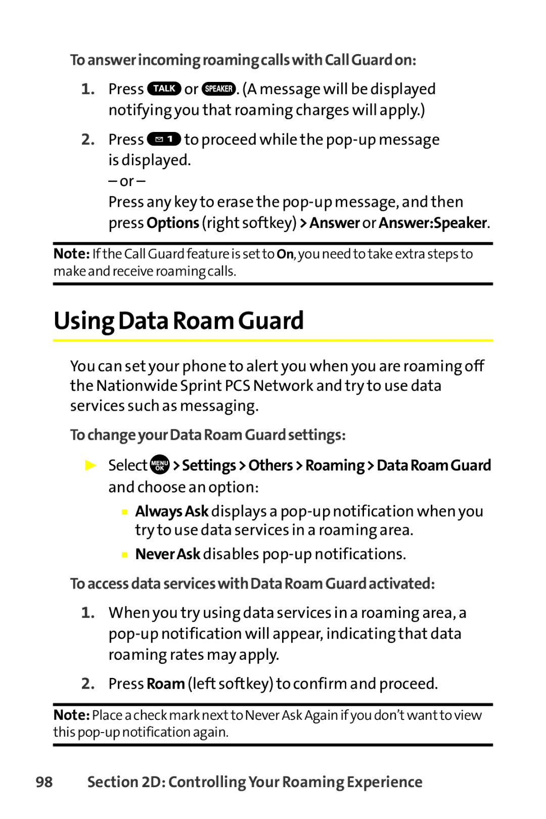 Sanyo SCP-8400 manual Using Data Roam Guard, ToanswerincomingroamingcallswithCallGuardon, TochangeyourDataRoamGuardsettings 