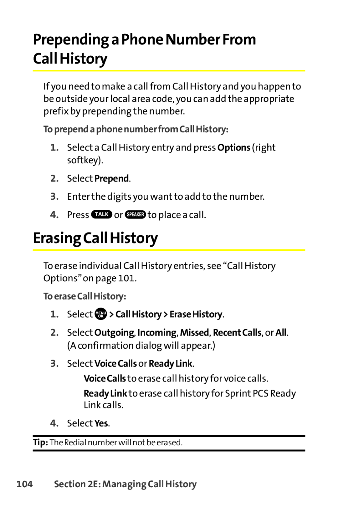 Sanyo SCP-8400 Prepending a Phone Number From Call History, Erasing Call History, ToprependaphonenumberfromCallHistory 