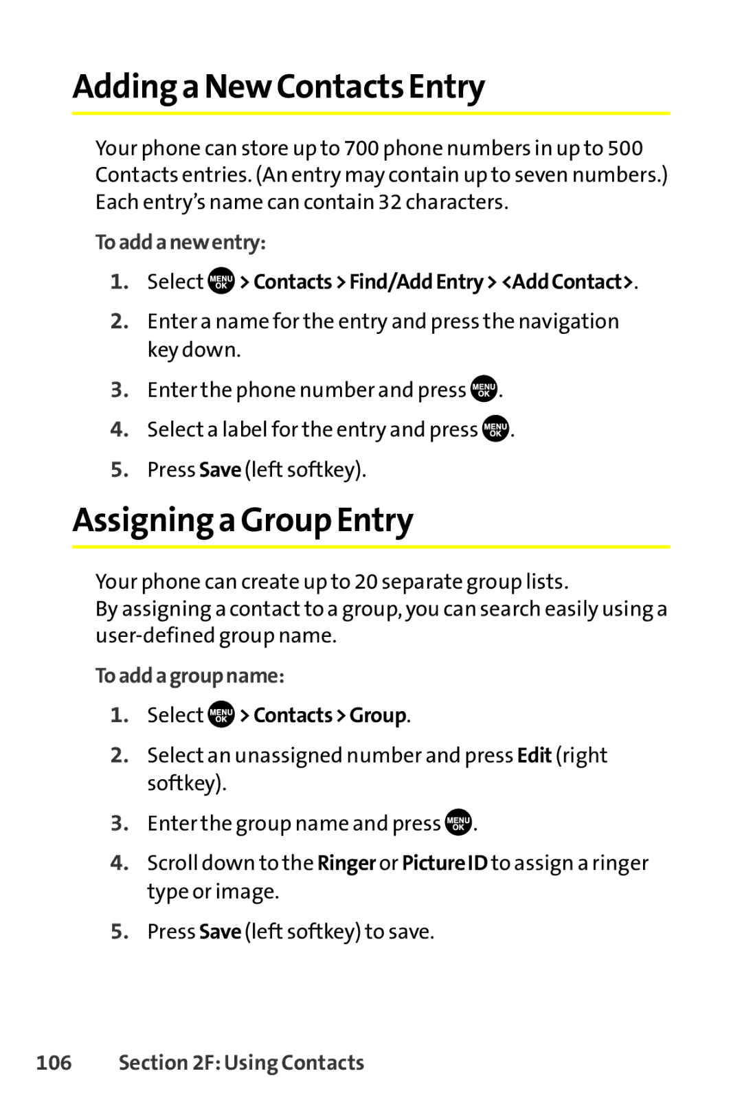 Sanyo SCP-8400 manual Adding a New Contacts Entry, Assigning a Group Entry, Toaddanewentry, Toaddagroupname, Using Contacts 