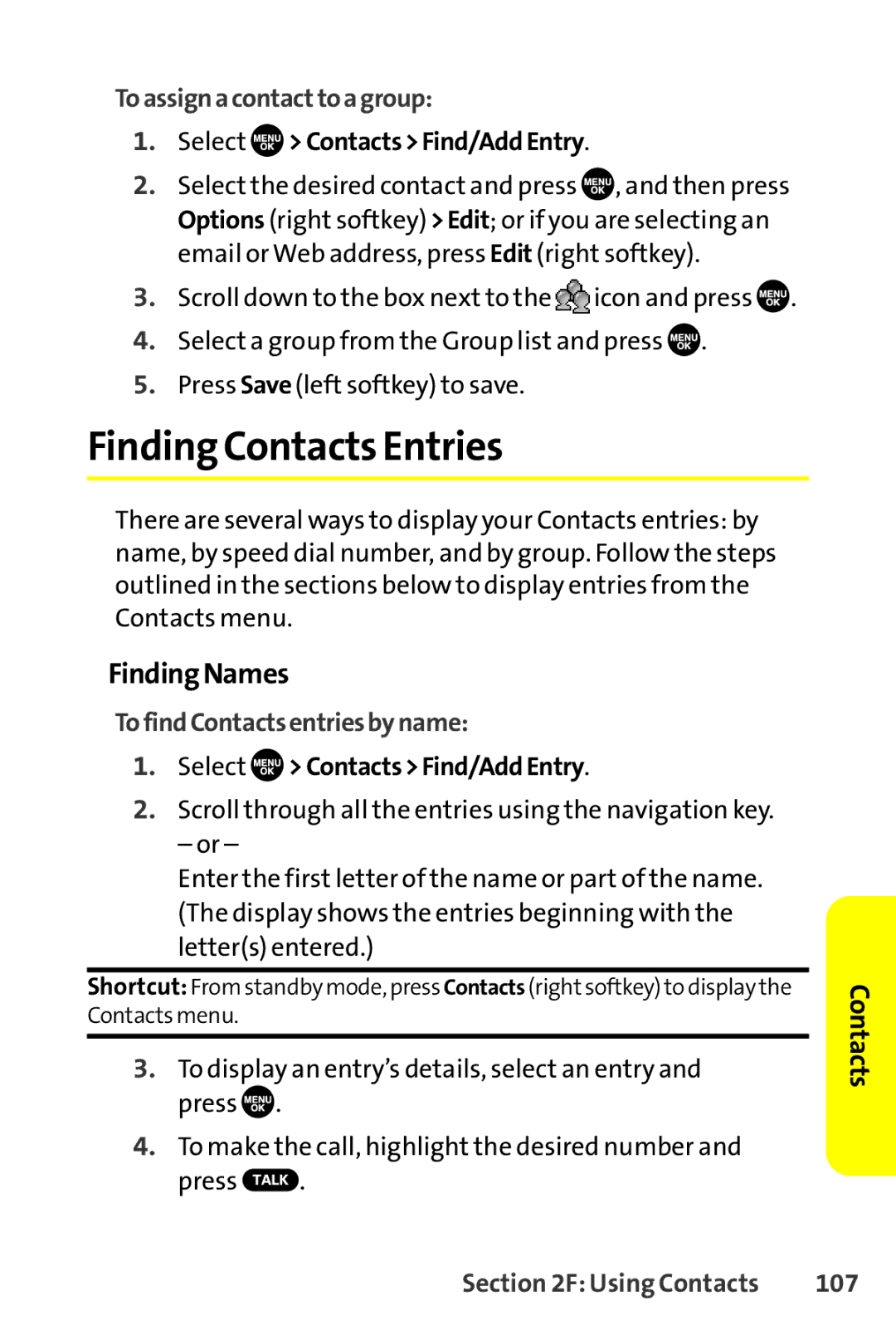 Sanyo SCP-8400 manual Finding Contacts Entries, FindingNames, Toassignacontacttoagroup, TofindContactsentriesbyname, 107 