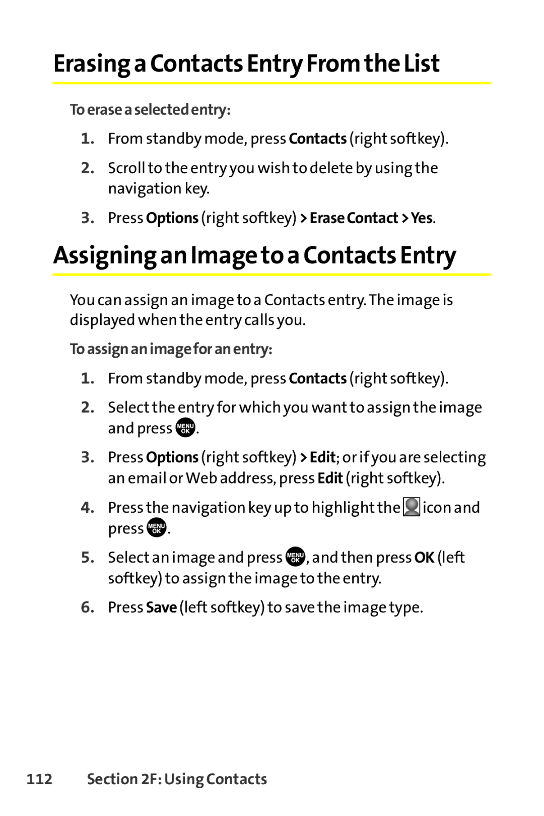 Sanyo SCP-8400 manual Erasing a Contacts Entry From the List, Assigning an Image to a Contacts Entry, Toeraseaselectedentry 