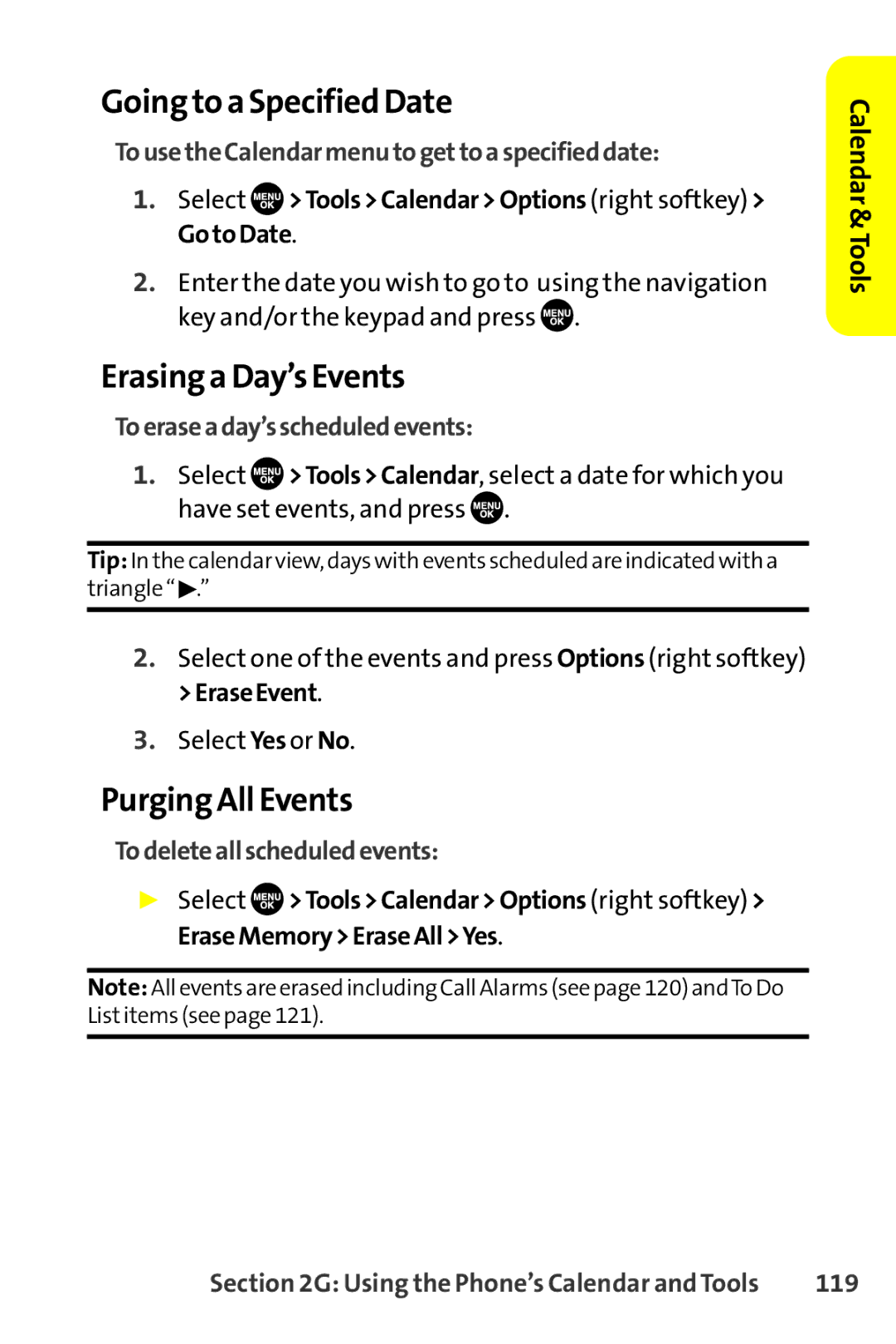 Sanyo SCP-8400 manual Going to a Specified Date, Erasing a Day’s Events, Purging All Events 