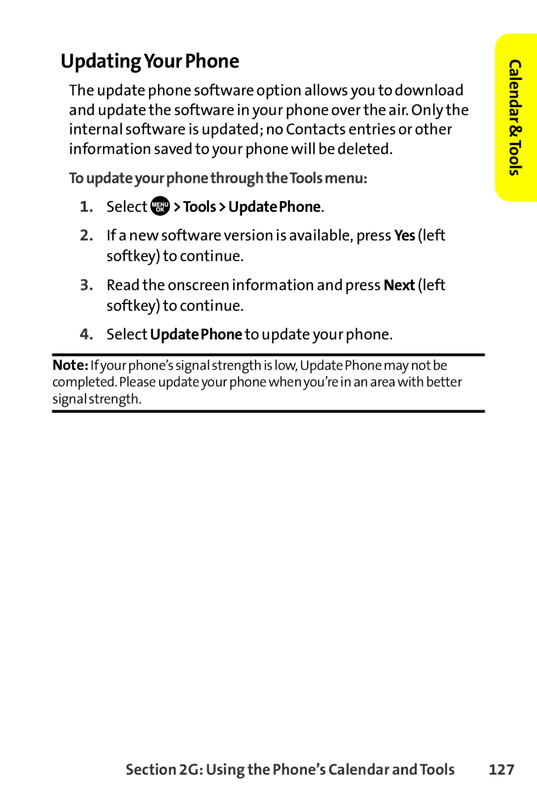 Sanyo SCP-8400 manual UpdatingYour Phone, ToupdateyourphonethroughtheToolsmenu, Select ToolsUpdatePhone, 127 