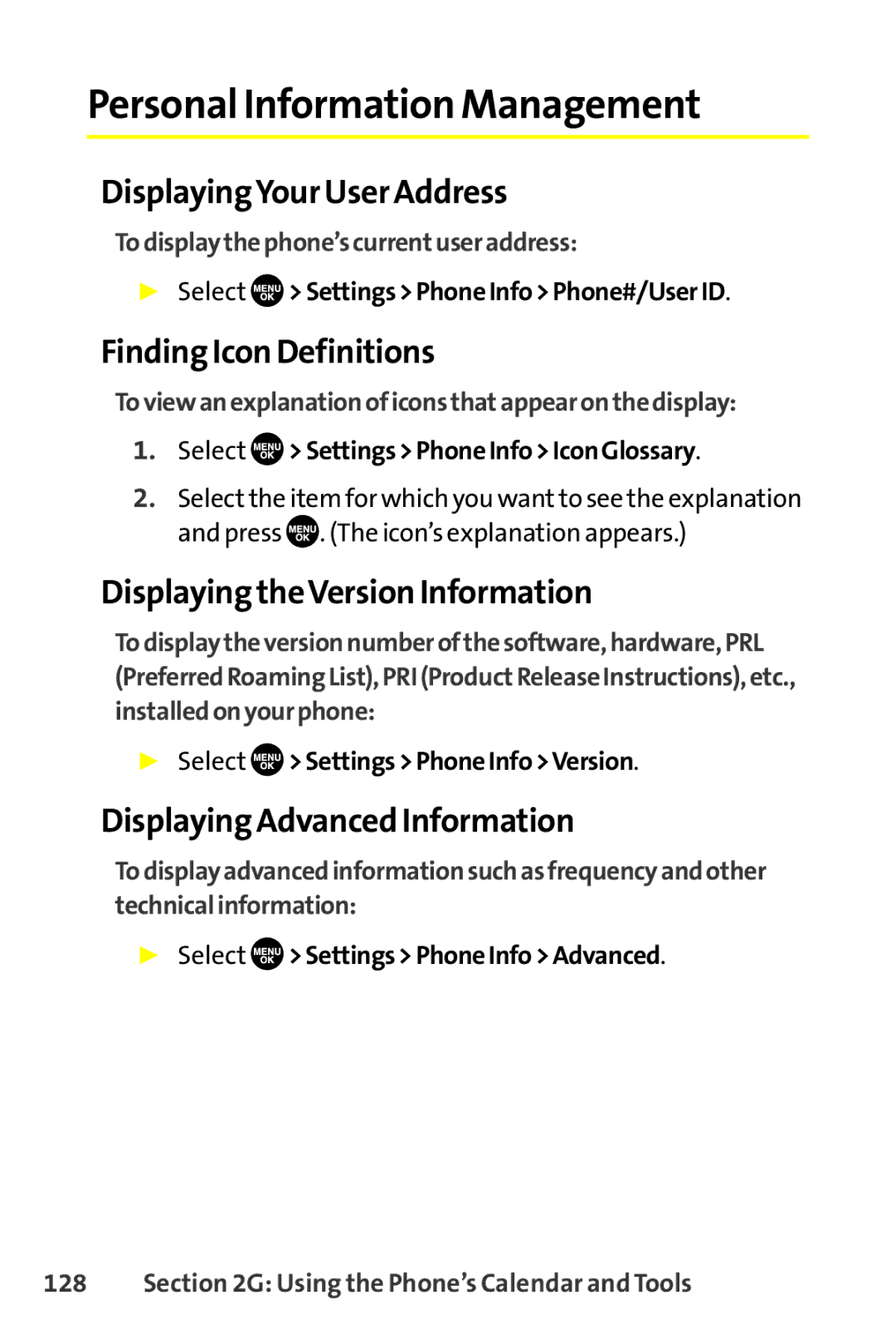 Sanyo SCP-8400 manual Personal Information Management, DisplayingYour User Address, Finding Icon Definitions 