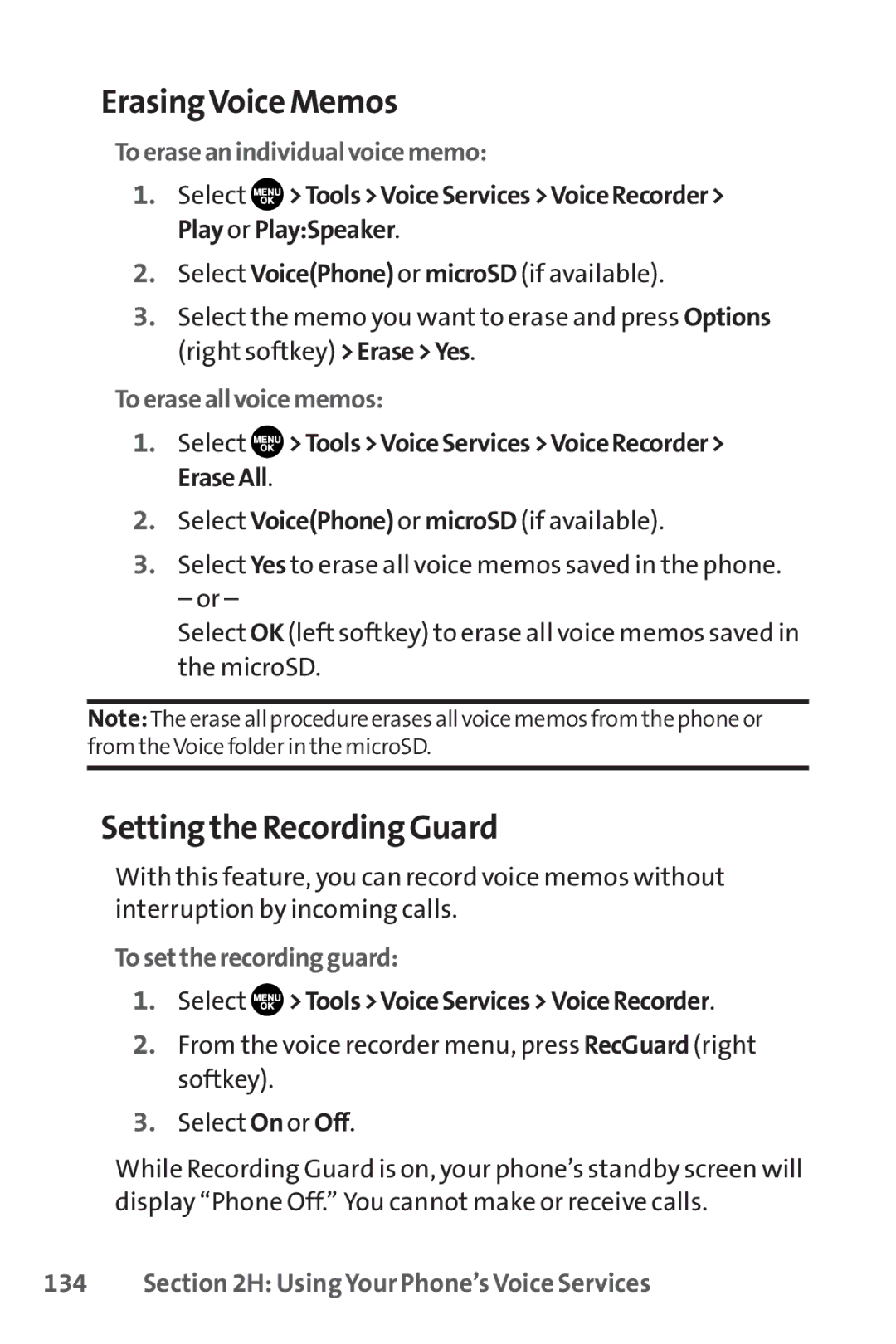 Sanyo SCP-8400 manual ErasingVoice Memos, Setting the Recording Guard, Toeraseanindividualvoicememo, Toeraseallvoicememos 