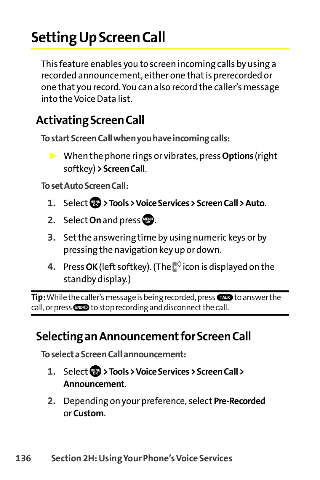 Sanyo SCP-8400 manual Setting Up Screen Call, Activating Screen Call, Selecting an Announcementfor Screen Call 