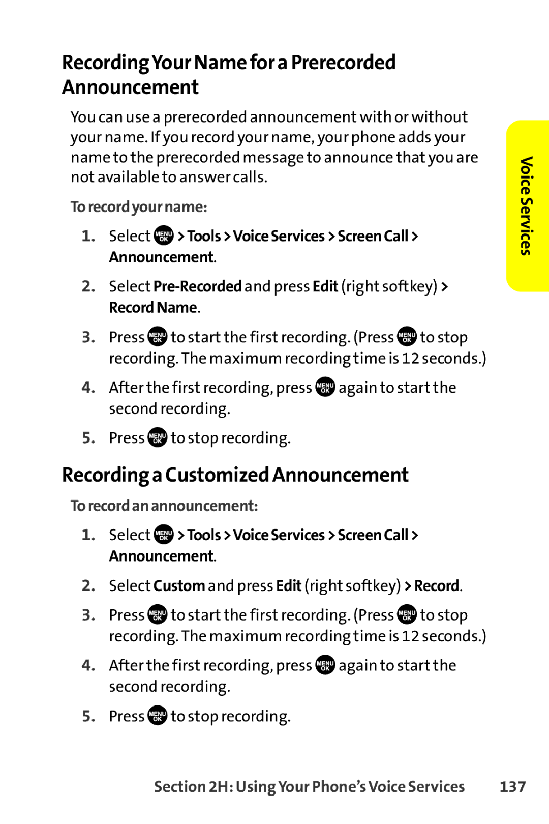 Sanyo SCP-8400 RecordingYour Name for a Prerecorded Announcement, Recording a Customized Announcement, Torecordyourname 